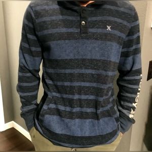 HURLEY Mens Heather Blue Striped Pullover Pouch Fleece Henley Sweater Hoodie XL